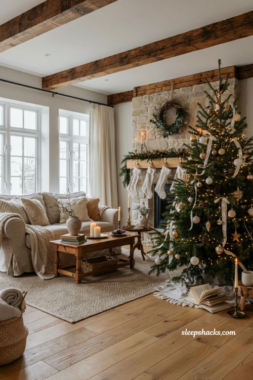 Cream and gold neutral christmas living room with elegant farmhouse holiday decor