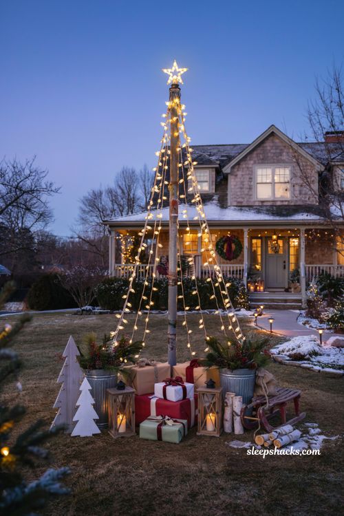 Diy Christmas yard decorations with basketball pole Christmas tree of lights