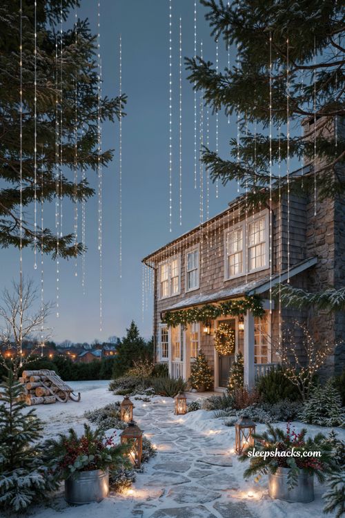 Diy Christmas yard decorations with cascading light tubes and falling snow effect