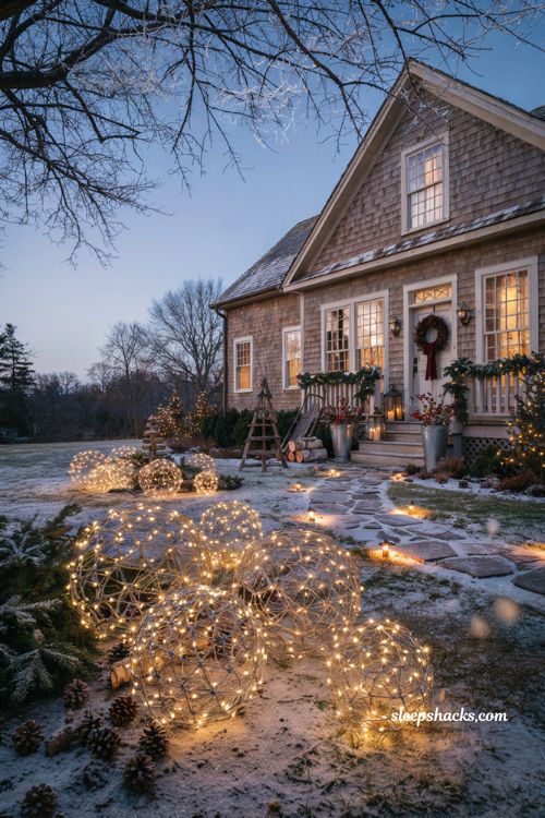Diy Christmas yard decorations with glowing light balls across the front lawn