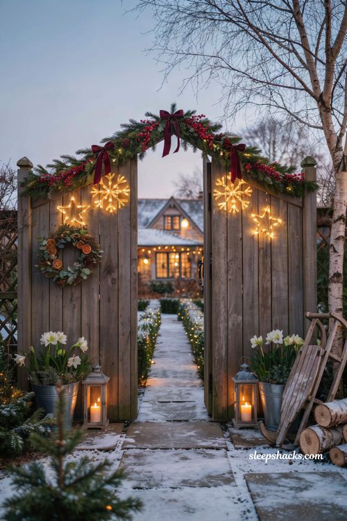 Diy Christmas yard decorations with glowing snowflakes and stars on garden gate