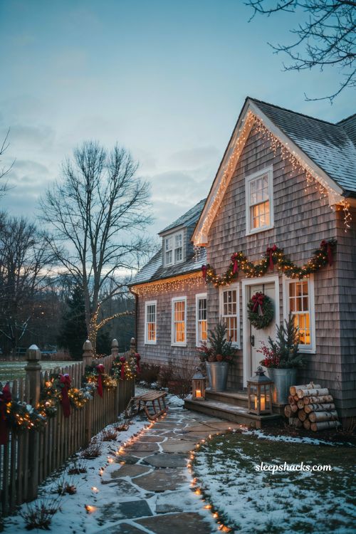 Diy Christmas yard decorations with icicle lights and glowing winter home exterior