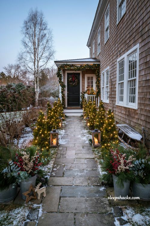 Diy Christmas yard decorations with lit walkway trees and festive front entrance