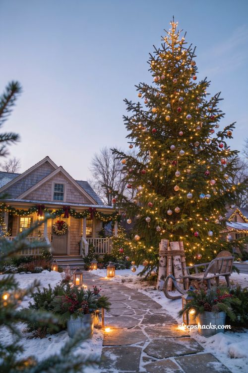 Diy Christmas yard decorations with tree wrapped in warm white Christmas lights