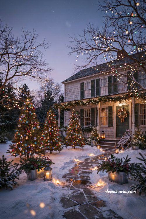 Diy Christmas yard decorations with twinkle lights and colorful holiday display