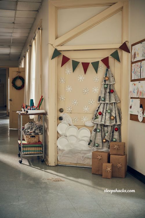 Diy christmas classroom door decorations made with recycled paper plates newspaper and everyday classroom supplies
