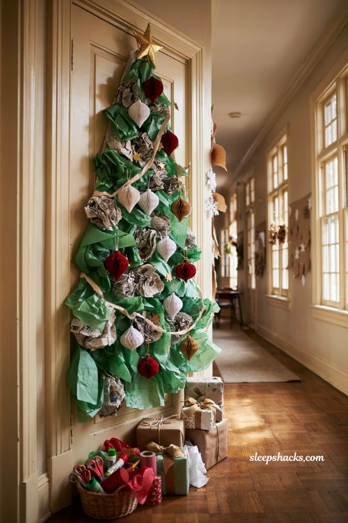 Diy christmas classroom door with 3d recycled newspaper christmas tree decoration
