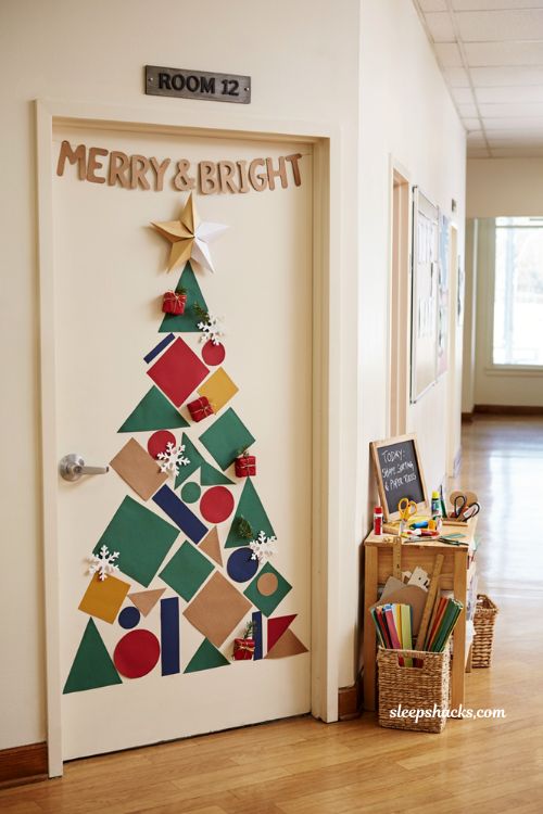 Diy christmas classroom door with colourful geometric paper christmas tree