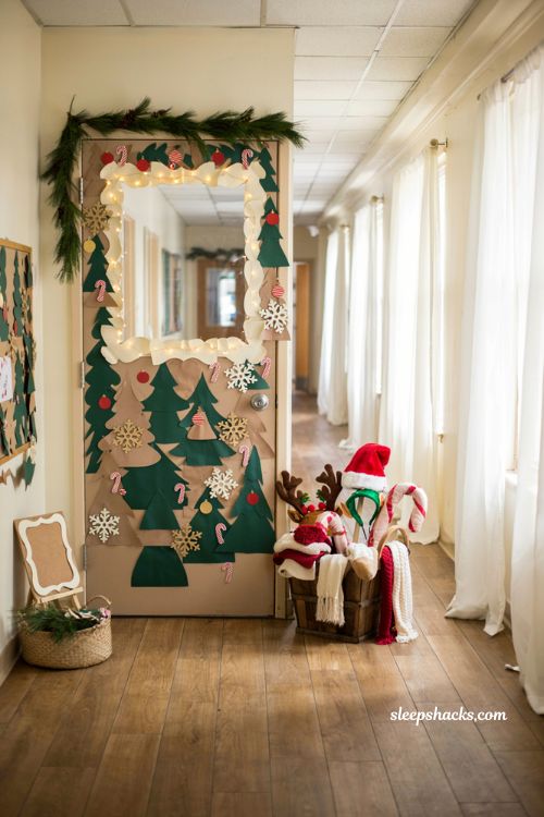 Diy christmas classroom door with festive holiday selfie station and handmade decorations