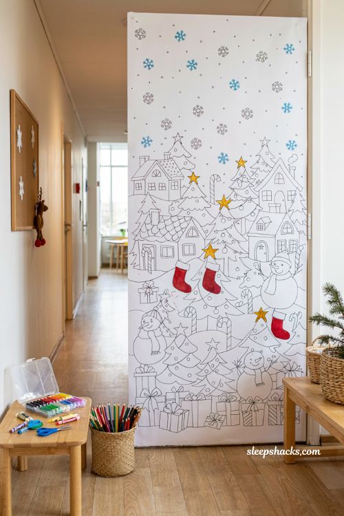Diy christmas classroom door with giant holiday colouring page for students