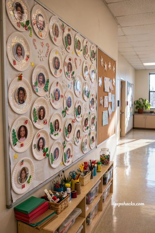 Diy christmas classroom door with handmade 3d paper plate snow globe decorations