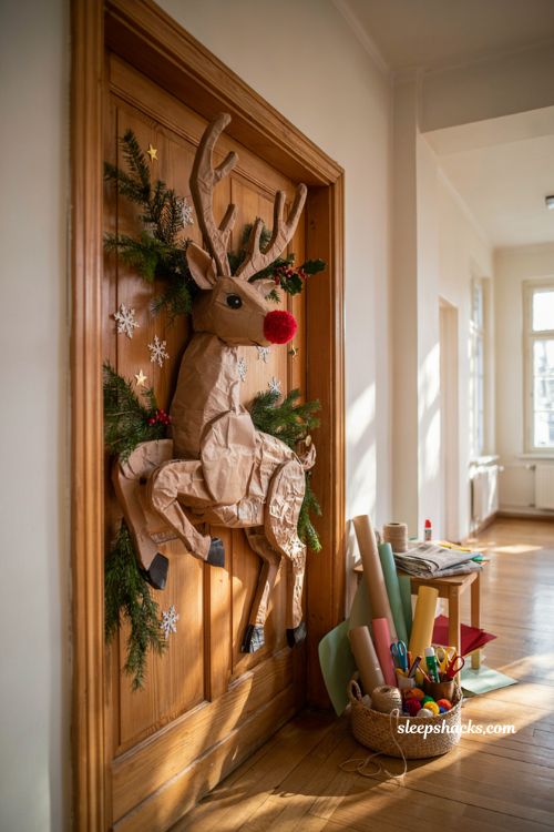 Diy christmas classroom door with handmade 3d pop out paper reindeer decoration