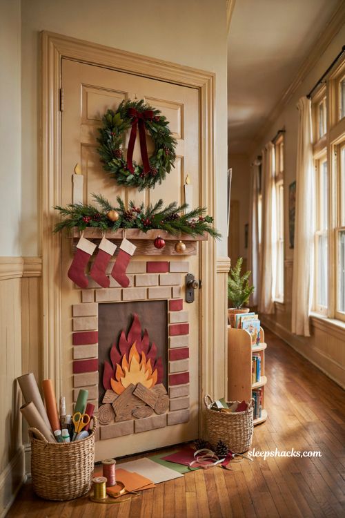 Diy christmas classroom door with handmade paper fireplace and holiday mantel decorations