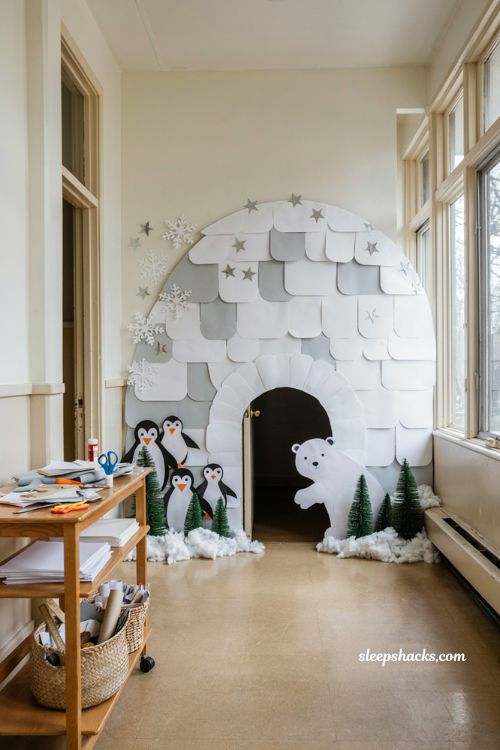 Diy christmas classroom door with layered paper igloo winter decoration