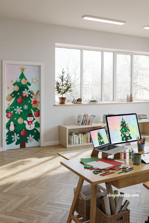 Diy christmas classroom door with matching festive virtual classroom background