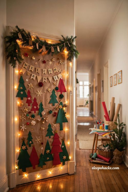 Diy christmas classroom door with warm string lights and handmade paper decorations
