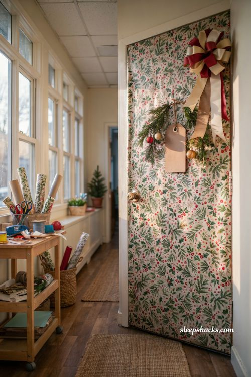 Diy christmas classroom door wrapped like a giant christmas present with festive gift wrap