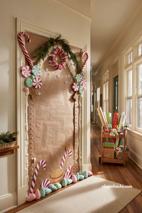 Diy christmas classroom gingerbread house door with handmade paper candy decorations
