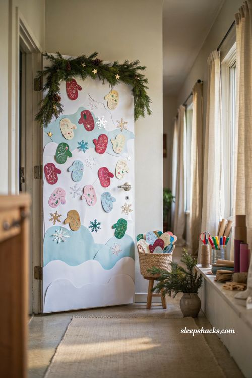 Diy christmas classroom kindness door with paper mittens and snowflake decorations