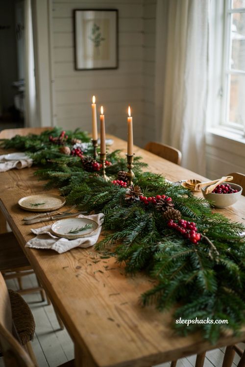 Diy fresh evergreen table runner ideas with pinecones and cranberries for christmas