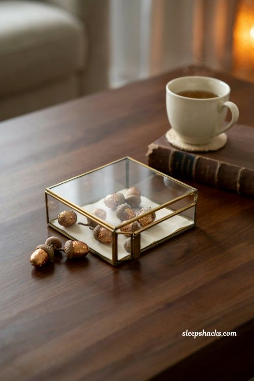 Diy glitter dipped acorns in a shadow box for cozy fall coffee table decor