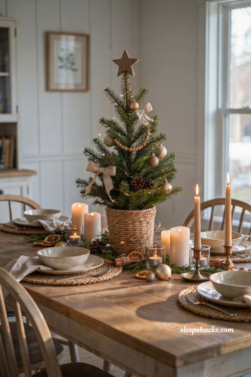 Dollar tree mini christmas tree ideas with a cozy dining table centerpiece and warm candlelight