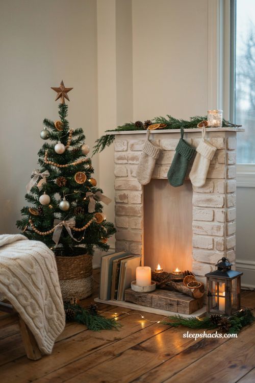 Dollar tree mini christmas tree ideas with a diy mini fireplace for a cozy apartment holiday corner