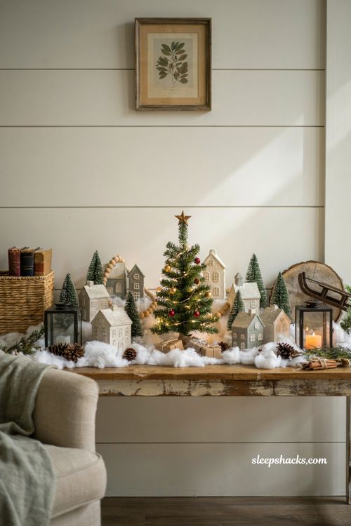Dollar tree mini christmas tree ideas with a tabletop christmas village and snowy miniature houses