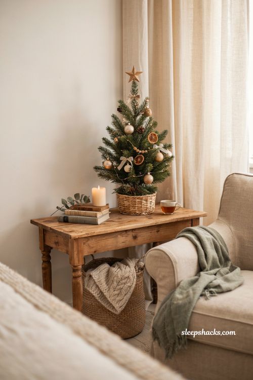 Dollar tree mini christmas tree ideas with a woven basket stand for a cozy bedroom holiday display