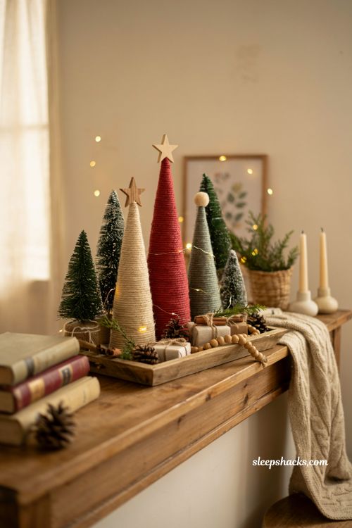 Dollar tree mini christmas tree ideas with cozy red yarn cone trees on a rustic tabletop
