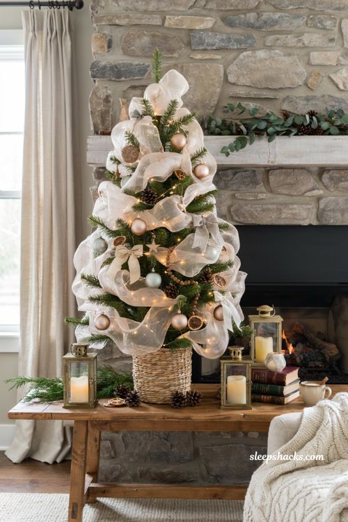 Dollar tree mini christmas tree ideas with deco mesh ribbon for a full cozy tabletop tree