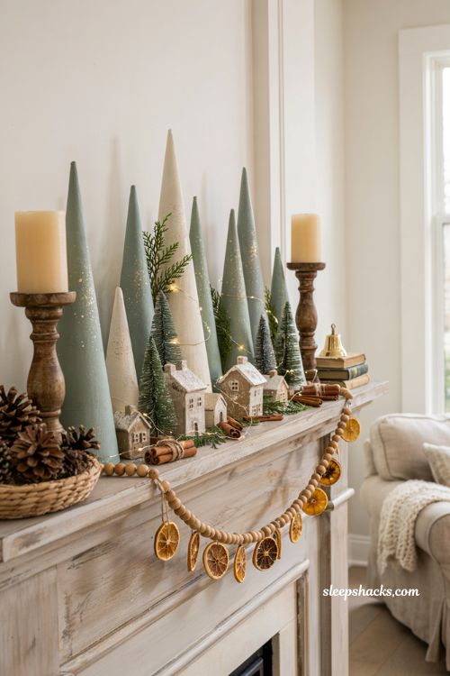 Dollar tree mini christmas tree ideas with handmade egg carton paper trees on a cozy farmhouse mantel