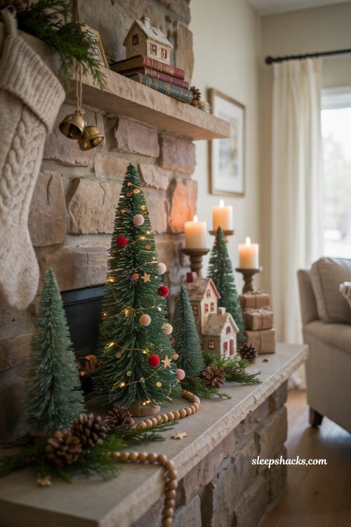 Dollar tree mini christmas tree ideas with handmade pipe cleaner trees on a cozy farmhouse mantel