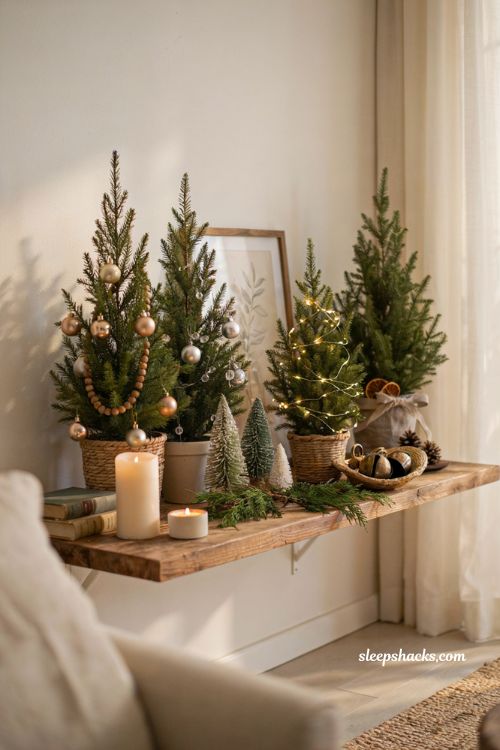 Dollar tree mini christmas tree ideas with multiple tabletop trees styled on a cozy farmhouse shelf