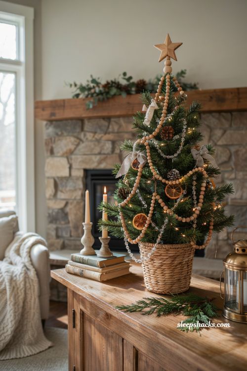 Dollar tree mini christmas tree ideas with wooden and glass bead garland in a cozy farmhouse living room