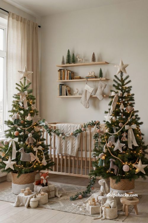 Double Christmas trees beside crib with soft nursery decor and child safe holiday styling