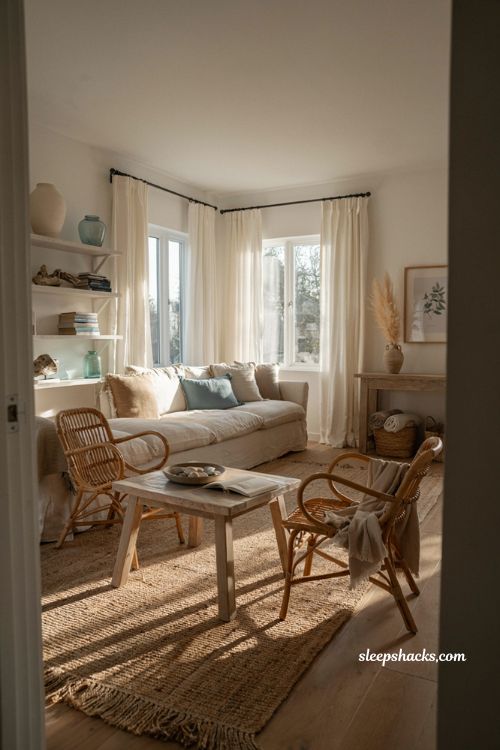 Driftwood finish coastal living room with natural wood furniture and soft linen textures