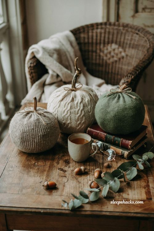 Easy DIY fall decor ideas cozy sweater wrapped pumpkins on a porch table