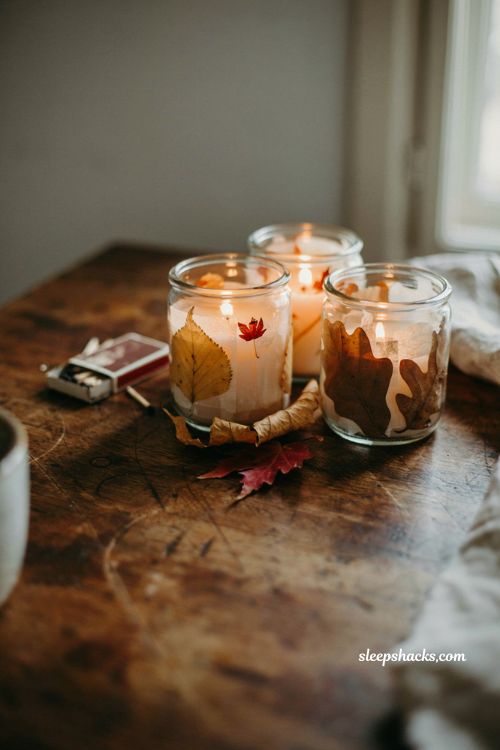 Easy diy leaf pressed glass jar candles for autumn home decor