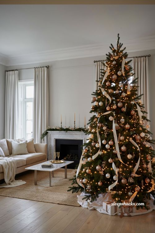 Elegant Christmas living room decor idea with champagne ivory and soft gold color palette and warm white lights