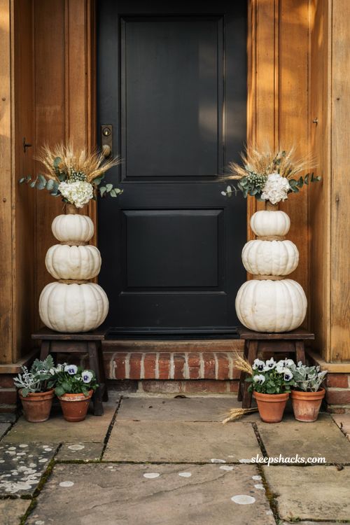 Elegant no-carve white pumpkin topiary ideas for front door fall decor
