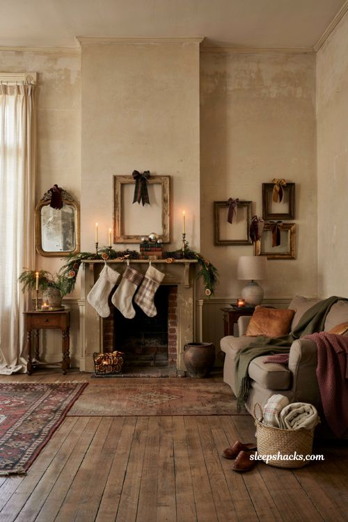 Eye-level wide-angle editorial interior photography of a cozy vintage farmhouse living room where existing picture frames and an antique wall mirror are transformed into subtle Christmas decorations with elegant layers of plaid and velvet ribbon tied naturally around their edges. A large aged wooden frame above the fireplace features a classic tartan ribbon bow in deep cranberry and forest green, while smaller vintage frames on a nearby gallery wall are accented with soft velvet ribbons in muted burgundy and antique gold. The simple ribbon details add seasonal warmth without changing the room structure, blending beautifully with a reclaimed wood mantel decorated with cedar garland, dried orange slices, pinecones, brass candlesticks, vintage Christmas books, mercury glass ornaments, and handmade stockings. A comfortable linen sofa, woven blankets, antique side table, ceramic lamps, and collected holiday treasures create a room that feels gently updated for Christmas while preserving its everyday character. Timeless vintage farmhouse with classic cottage influences, featuring original wood flooring, painted brick fireplace, reclaimed oak furniture, antique frames, softly aged walls, and naturally weathered architectural details rich with history. Warm nostalgic palette of deep cranberry red, forest green, antique cream, soft velvet burgundy, warm honey oak, aged brass, natural linen, muted taupe, and weathered brown. Carefully layered details include woven baskets, vintage ornaments, preserved evergreen branches, handmade stockings, old hardcover books, ceramic crocks, brass candleholders, antique mirrors, and beautifully worn surfaces that feel collected through generations rather than purchased all at once. Gentle winter afternoon sunlight filters through linen curtains while warm candlelight softly highlights every ribbon fold, aged frame texture, wood grain, ceramic detail, evergreen needle, and woven fabric with crisp editorial clarity and delicate natural shadows. The atmosphere feels elegant, nostalgic, and effortlessly festive, where soft seasonal colours instantly create warmth, beautifully aged textures add depth and character, and simple ribbon accents turn everyday artwork into a timeless Christmas display filled with charm and personal history. no people, no text, no watermarks, no blur, no bokeh, all surfaces in sharp focus, photorealistic, 4K resolution, editorial interior photography, Pinterest-worthy
