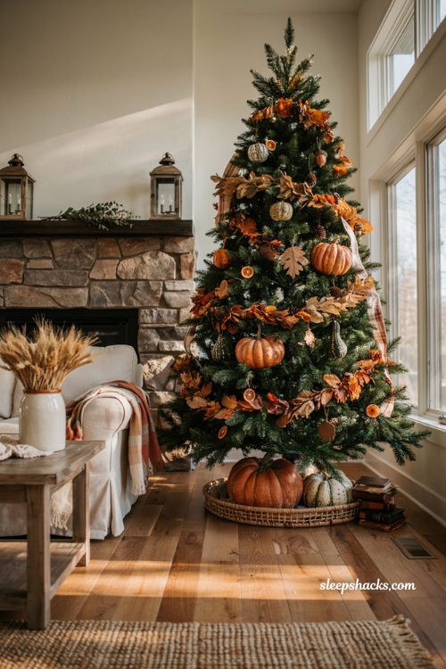 Fall christmas tree ideas with faux pumpkins and gourds decorating a cozy farmhouse tree
