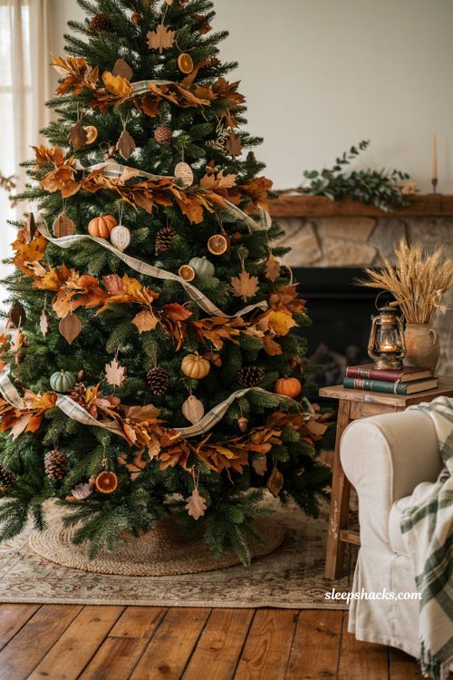 Fall christmas tree ideas with carved wooden leaf ornaments and golden autumn garland