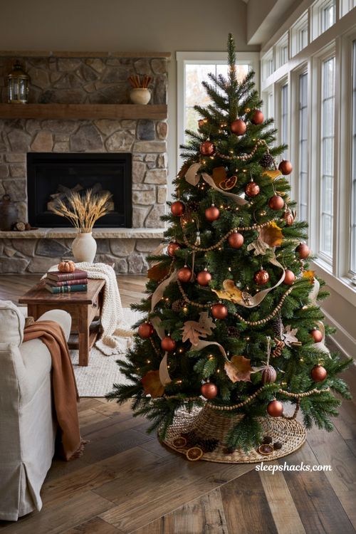 Fall christmas tree ideas with copper ornaments and burnt orange decorations in a cozy farmhouse living room
