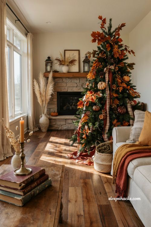 Fall christmas tree ideas with cozy autumn leaves mini pumpkins and plaid ribbon in a warm farmhouse living room