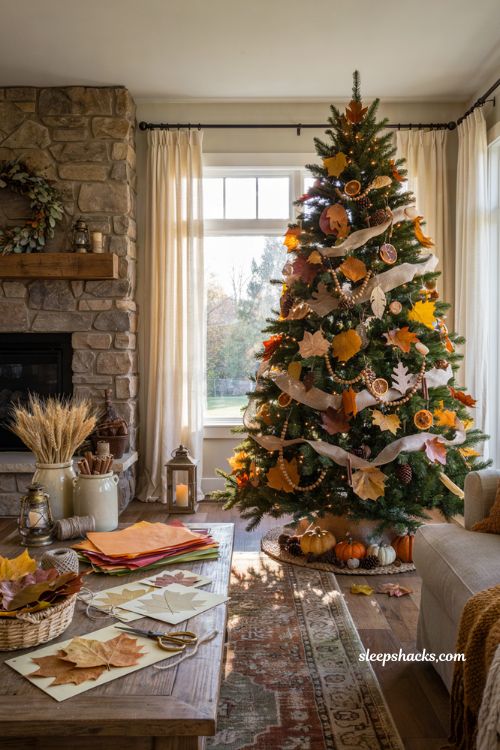 Fall christmas tree ideas with handmade paper leaf ornaments in a cozy farmhouse family room