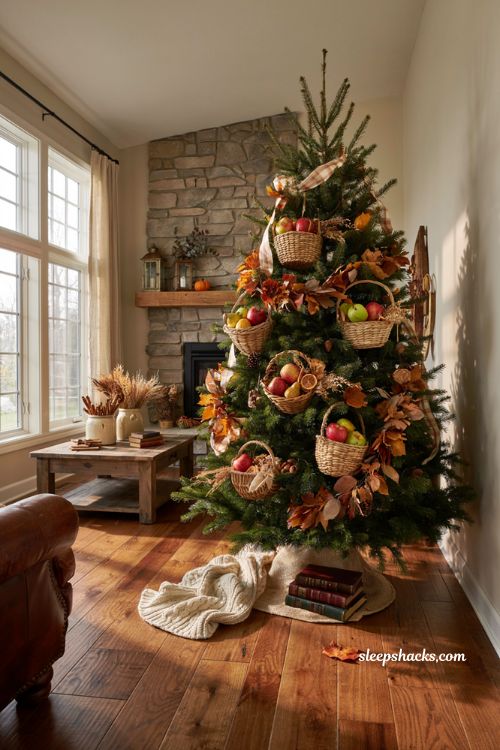 Fall christmas tree ideas with mini woven harvest baskets filled with apples pears and gourds