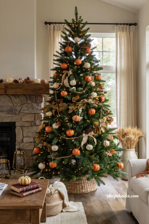 Fall christmas tree ideas with orange and white pumpkin ornaments in a cozy farmhouse living room