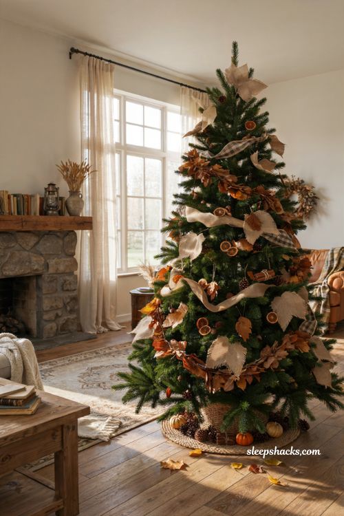 Fall christmas tree ideas with rustic burlap leaf accents in a cozy farmhouse living room